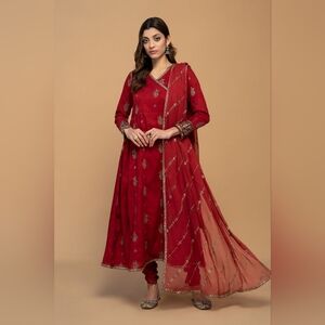 Maria B - Red Embroidered Anarkali 3 Piece Dress - Festive Wear - Pak & Indian